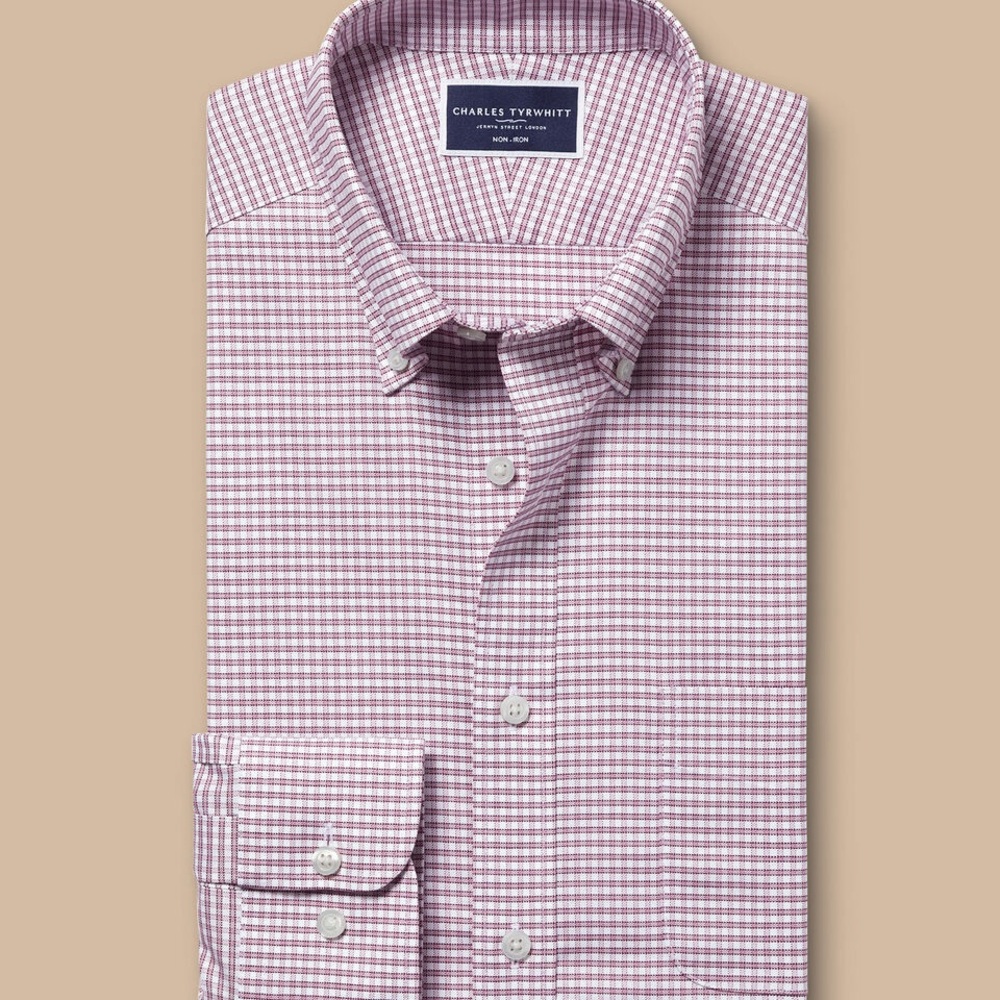 CHARLES TYRWHITT Purple Check Plaid Long Sleeve Button Down Oxford Dress Shirt